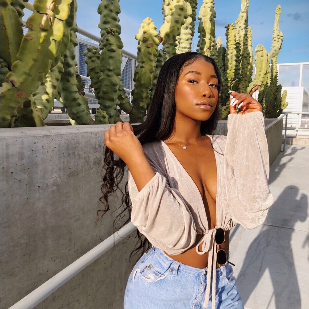 Nude Drawstring Blouson Sleeve Tie Crop Top